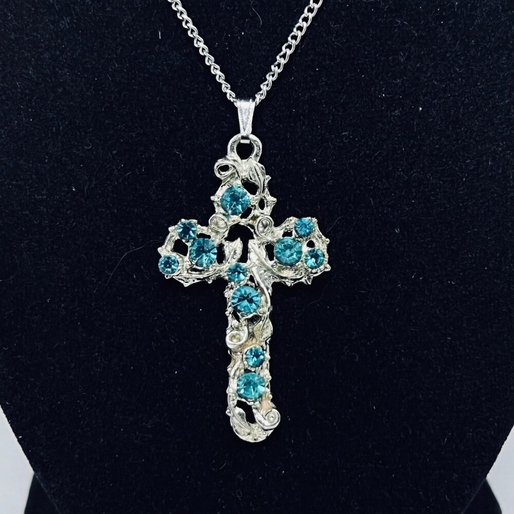 Silver Tone Curb Chain Necklace With Aqua Rhinestone Cross Pendant (816) - Picture 2 of 4